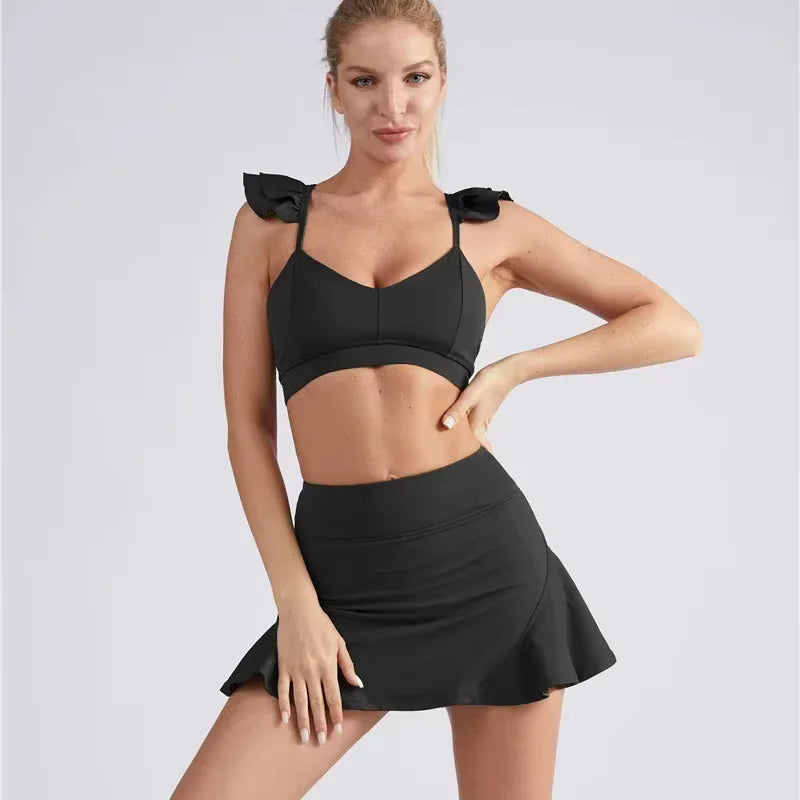 Two Piece Set Women Yoga Gym Running Badminton Skirt Suit - 2pcs set - Black / S / CN