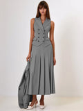 Two Piece Sets Women Double-breasted Vest And Split Skirt Matching - Gray No Coat / S