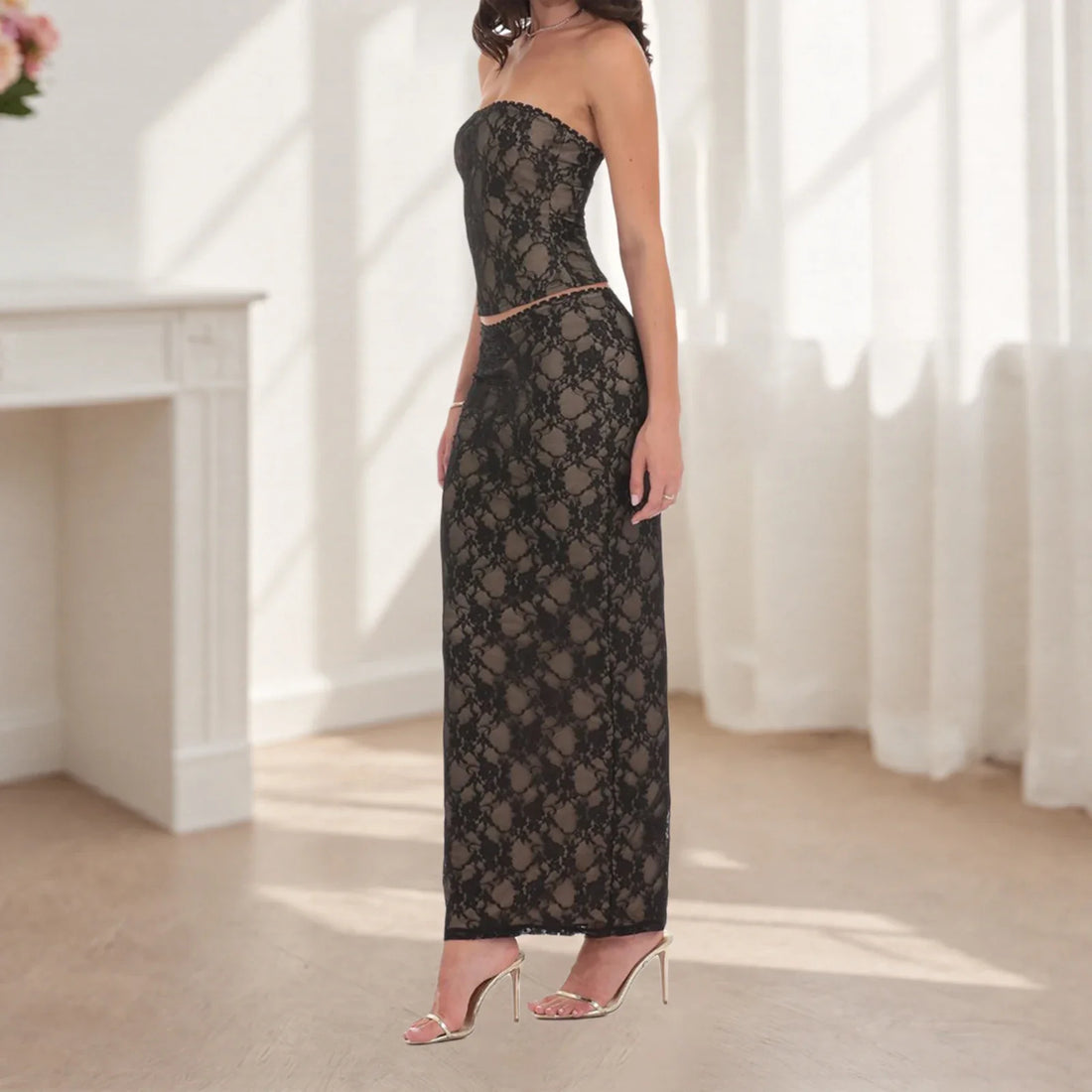 Two Piece Strapless Lace Dress - black / S