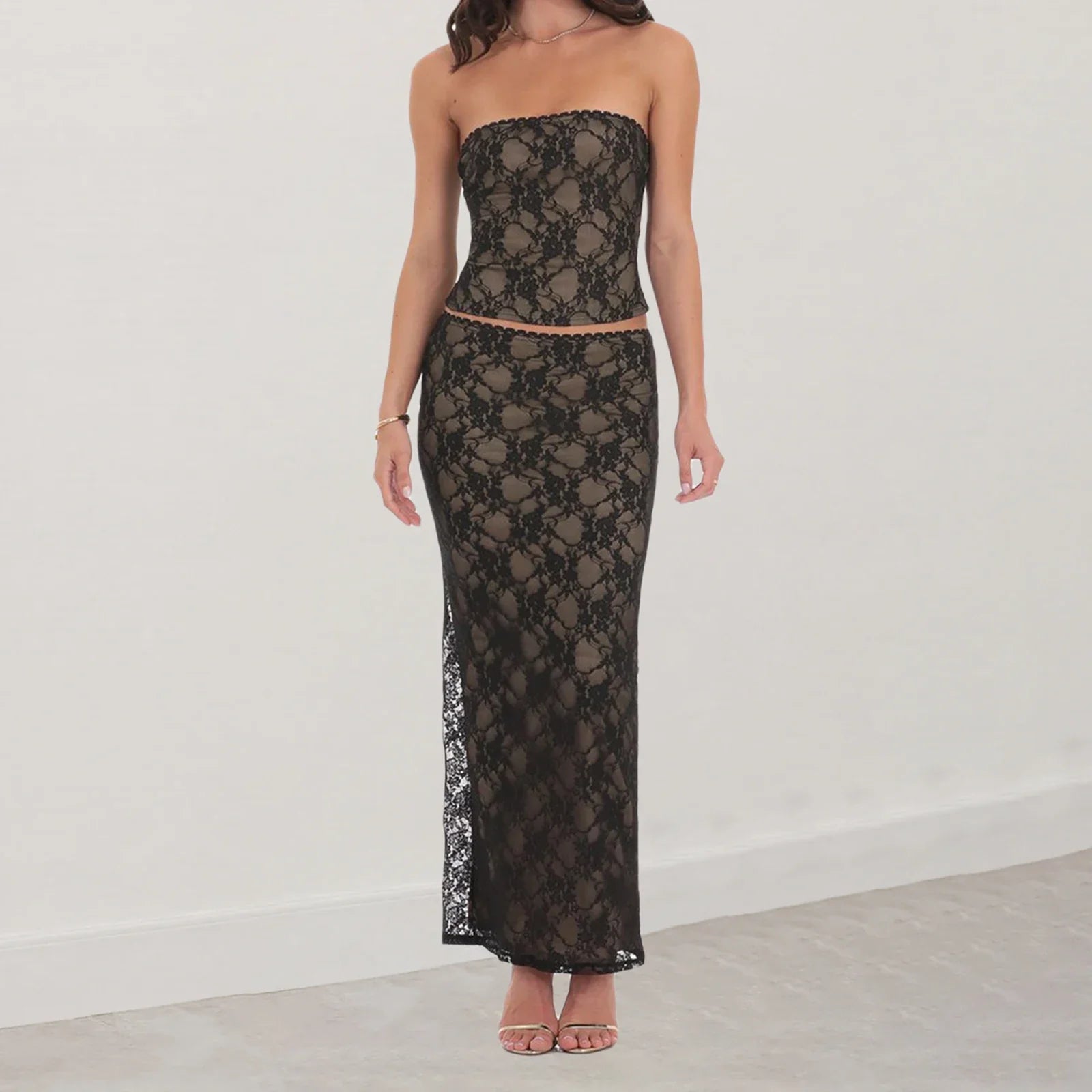 Two Piece Strapless Lace Dress - black / S