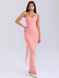 Two Pieces Sets For Women Strapless Off-shoulder Sleeveless Tops And Elegant High Waist Long Skirt - Pink / M