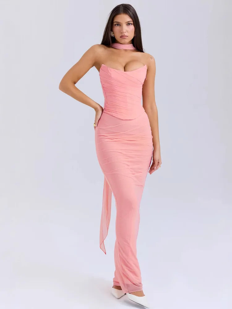 Two Pieces Sets For Women Strapless Off-shoulder Sleeveless Tops And Elegant High Waist Long Skirt - Pink / M