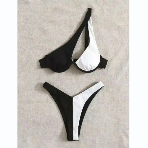 Two Pieces Solid Patchwork Underwire Push Up One Shoulder - XQ2148W / S - Other