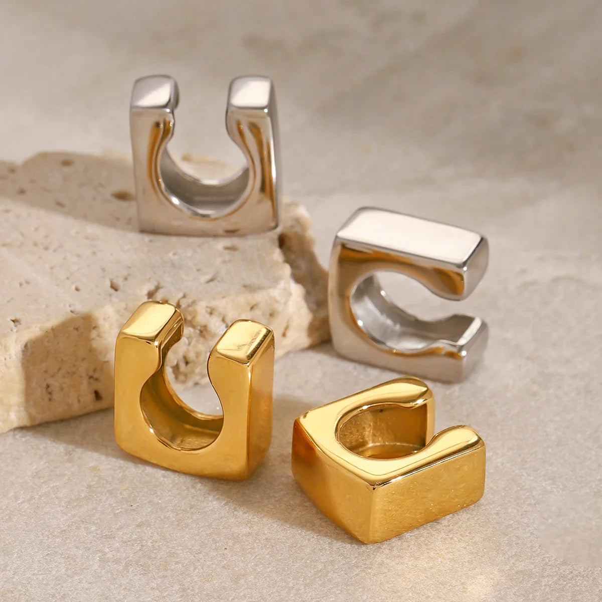 Unique Sterling Stainless Steel Glossy Square Ear Cuff