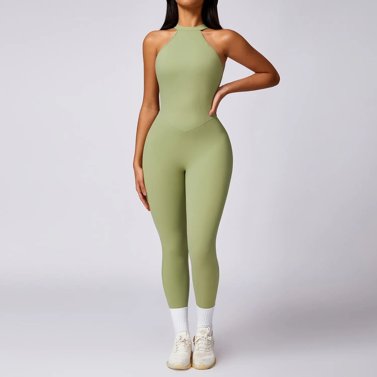 V Back Jumpsuit Women Backless Sports Bodysuits - Deep Bean Green / M / CHINA