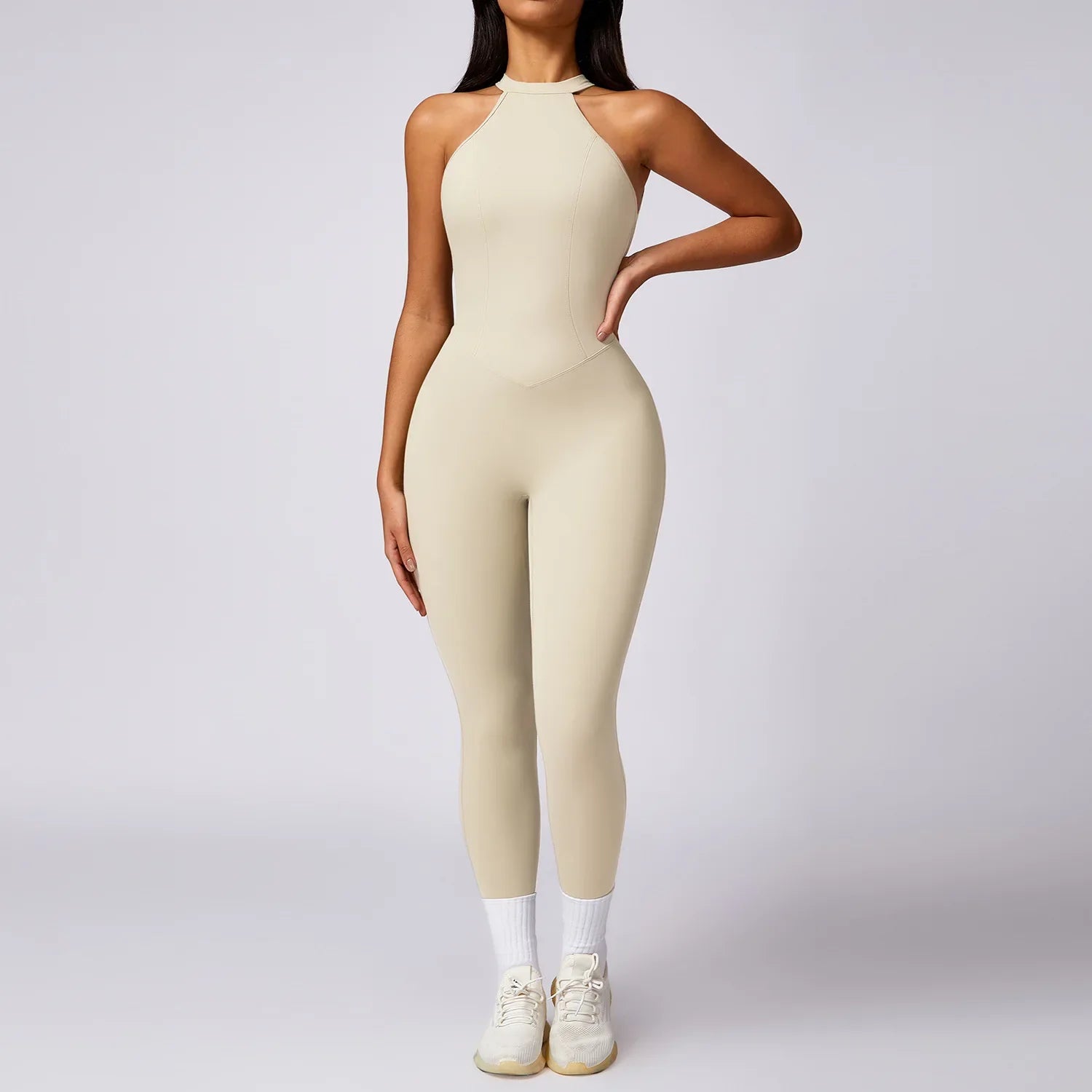 V Back Jumpsuit Women Backless Sports Bodysuits - Oat Apricot / M / CHINA