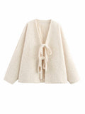 V-neck Cardigan Fashion Casual Lace Up Woolen Coat Short - Beige / L - electronic accessories
