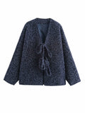 V-neck Cardigan Fashion Casual Lace Up Woolen Coat Short - Navy Blue / L - electronic accessories