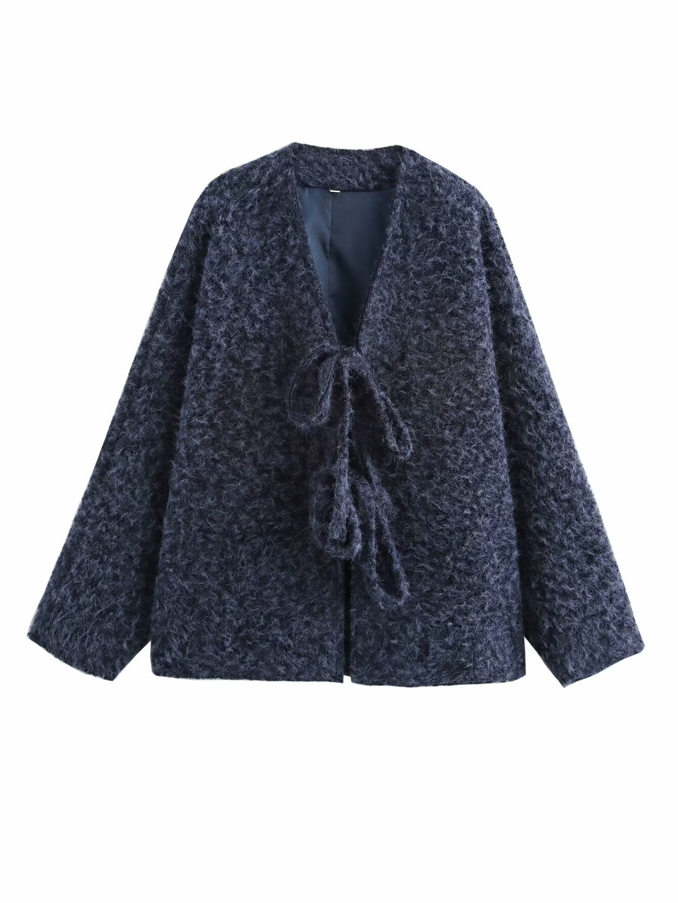 V-neck Cardigan Fashion Casual Lace Up Woolen Coat Short - Navy Blue / L - electronic accessories