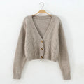 V Neck Cropped Cardigan for Women - Long Sleeve Twist Knitted Sweater Coat - One Size / apricot - Other