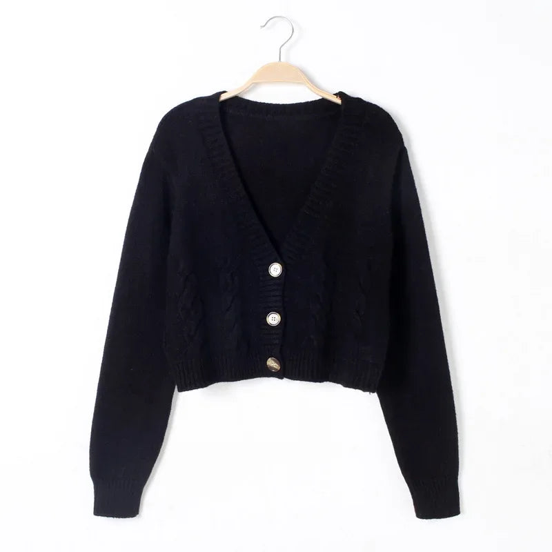 V Neck Cropped Cardigan for Women - Long Sleeve Twist Knitted Sweater Coat - Other