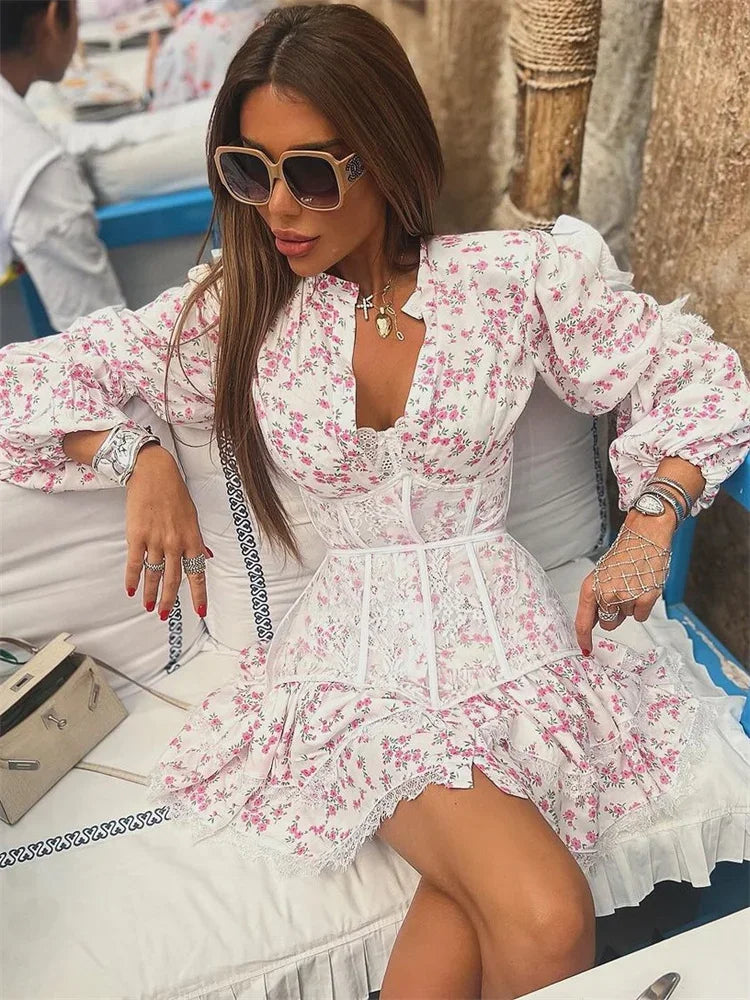 V-Neck Printed Mini Lace Dress Female Ruffled High Waist Long Sleeve