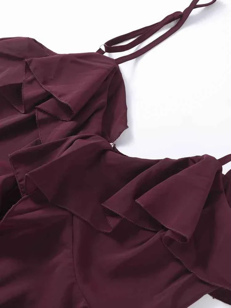 V Neck Ruffle Long Hem Slip Vest Loose Straight Pants Set