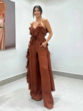 V Neck Ruffle Long Hem Slip Vest Loose Straight Pants Set