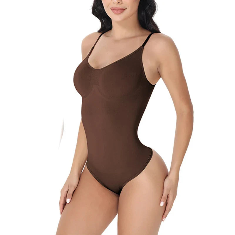 V Neck Spaghetti Strap Bodysuit Compression Body Suits - Thong brown / XS（old）