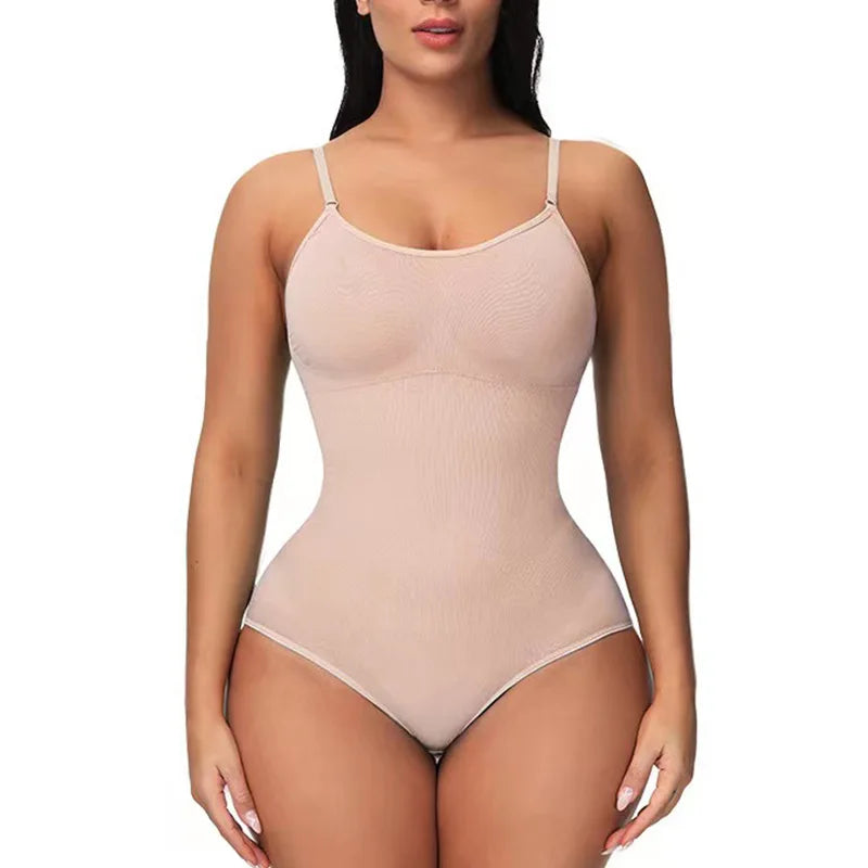 V Neck Spaghetti Strap Bodysuits Compression Body Suits - Beige Brief / L