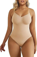 V Neck Spaghetti Strap Bodysuits Compression Body Suits - Beige Thong / M
