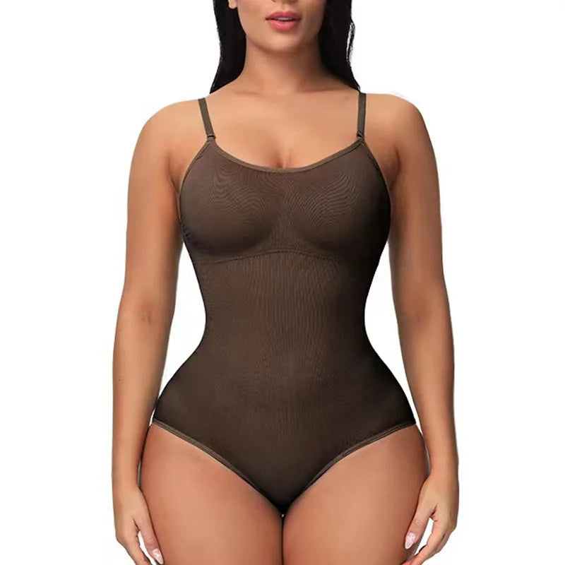 V Neck Spaghetti Strap Bodysuits Compression Body Suits - Brown Brief / L