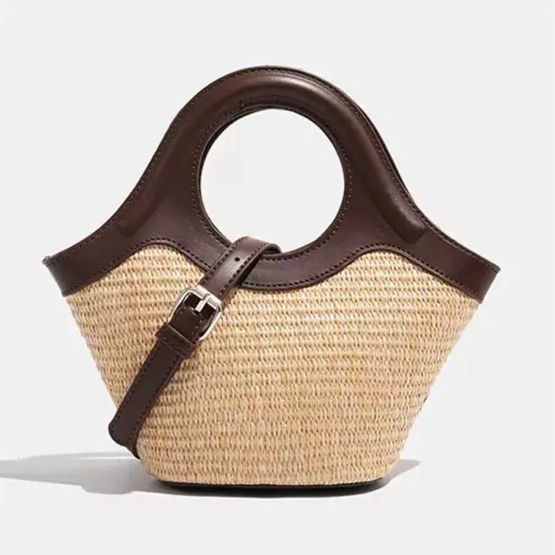 Versatile Straw Woven Handbags Handmade Tote Summer Beach Shoulder Bag - Brown