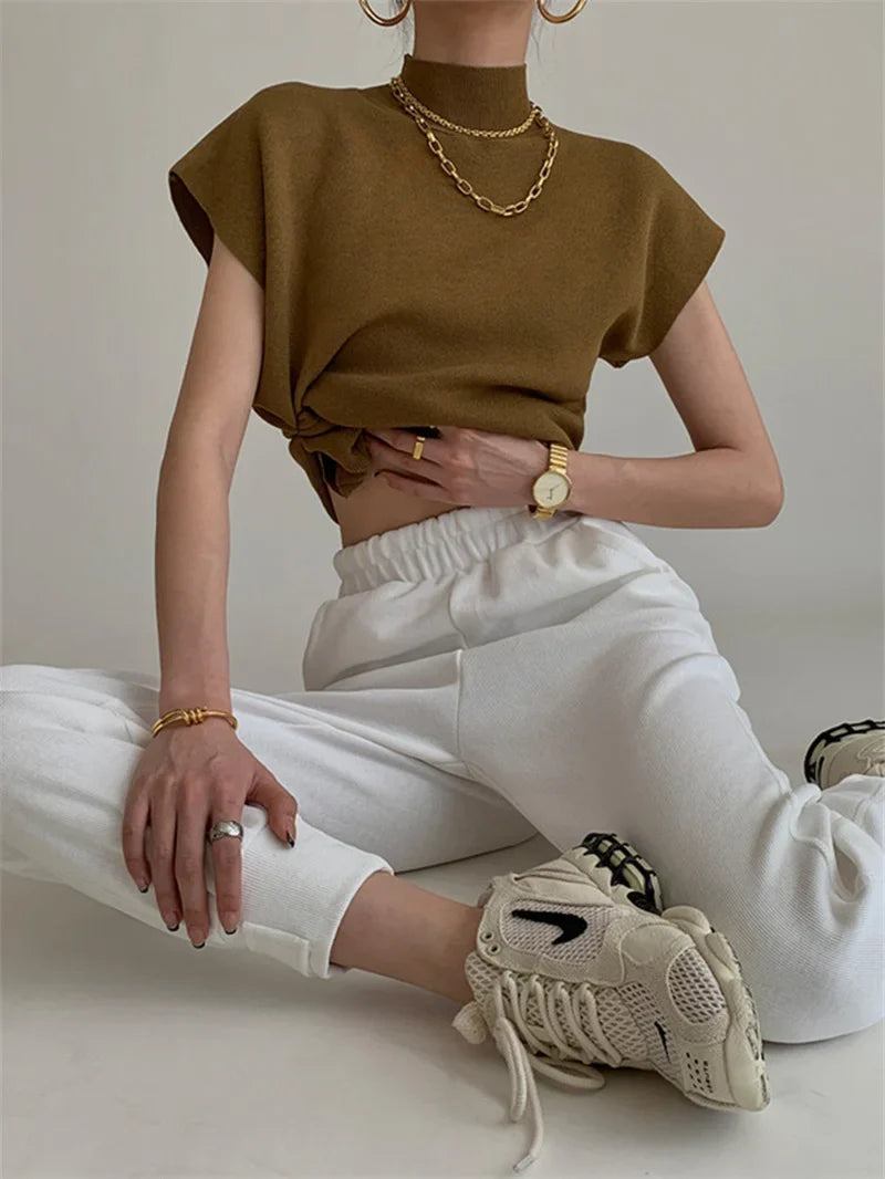 Vest Shirt Solid Stand-up Collar Knitted Sweater Short Sleeve - Other