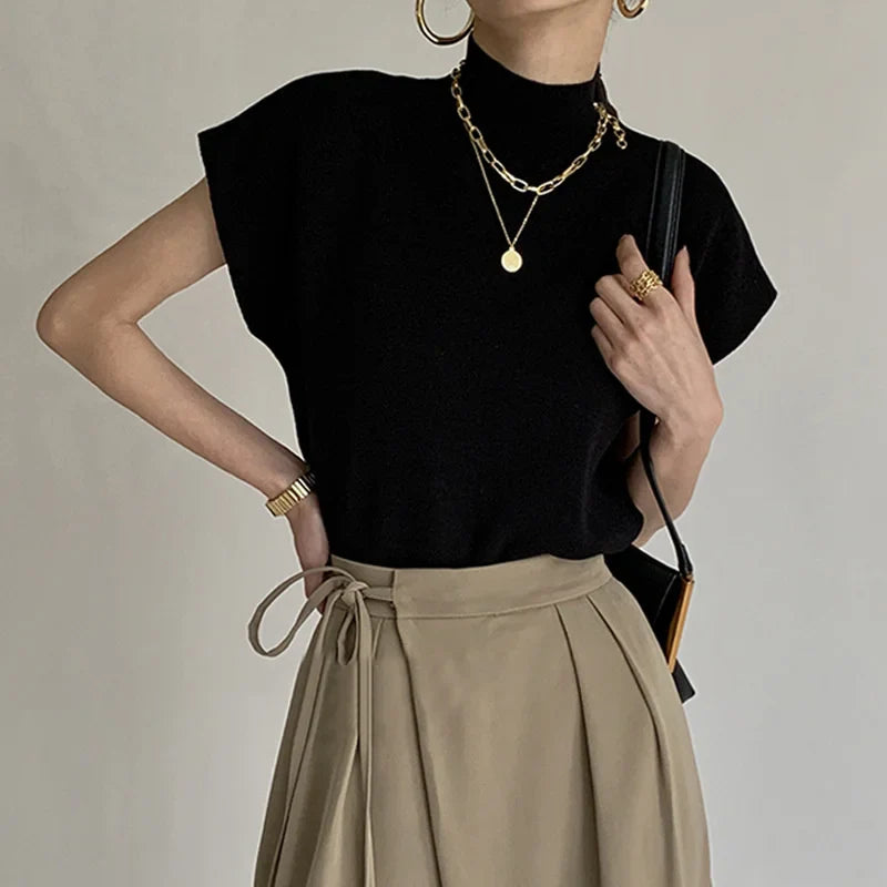 Vest Shirt Solid Stand-up Collar Knitted Sweater Short Sleeve - Other