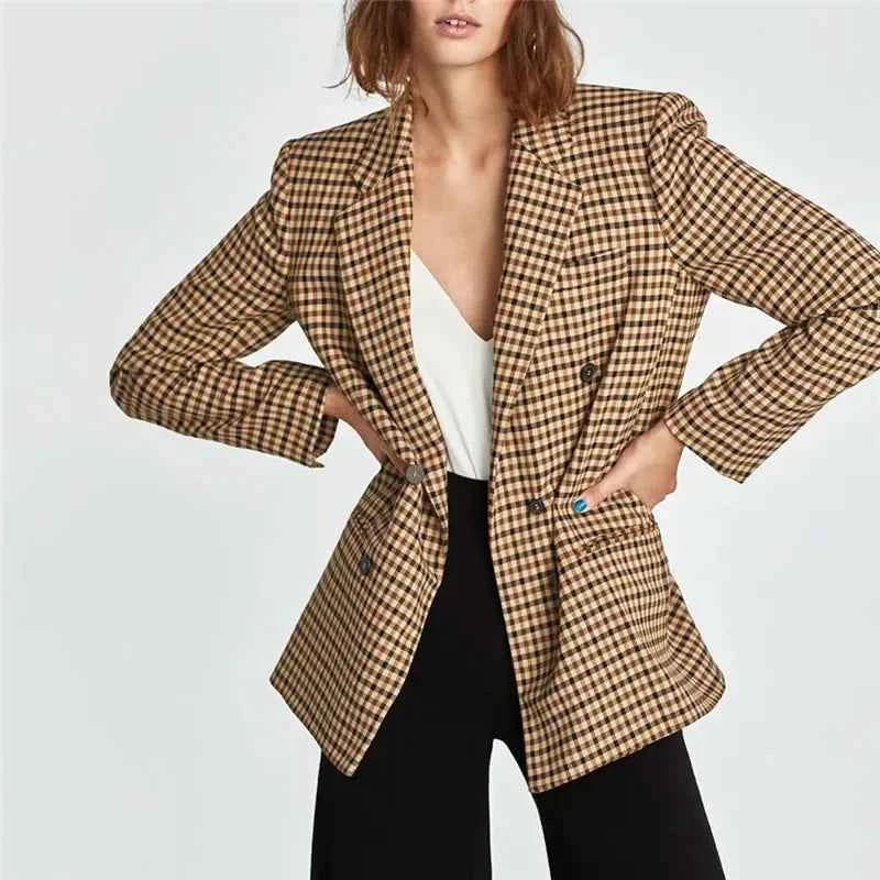 Vintage Bouble Breasted Plaid Women Blazer