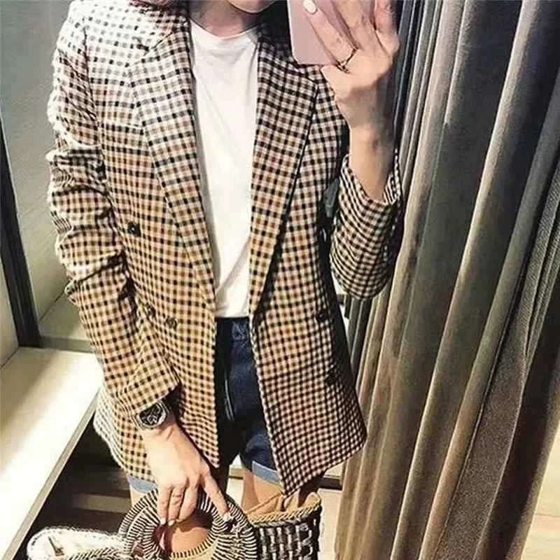 Vintage Bouble Breasted Plaid Women Blazer