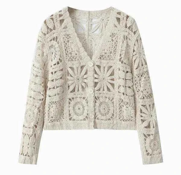 Vintage Embroidered Crochet Hollow Out V Neck Blouse Women Shirt