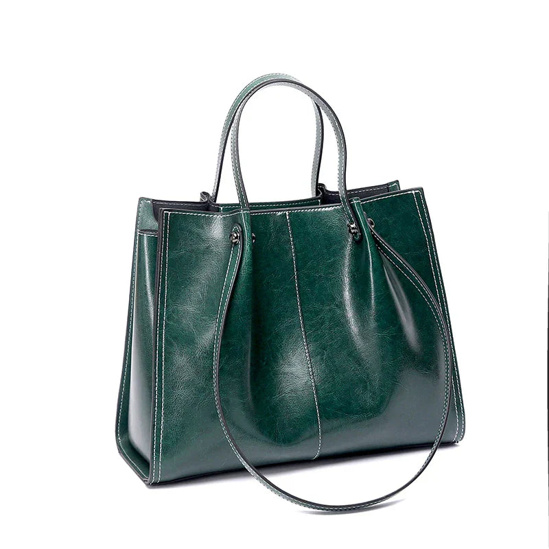 Vintage Genuine Leather Large Shoulder Tote Bag - Green