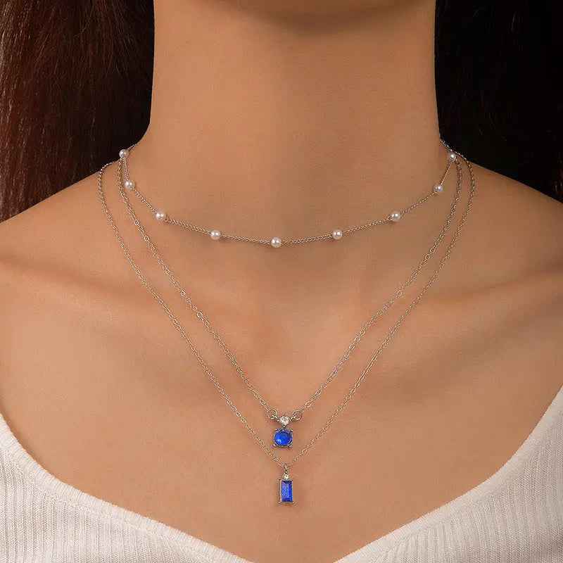 Vintage Grandmother Blue Green Pearl Multilayer Simplicity Necklace - 23198silverblue - electronic accessories