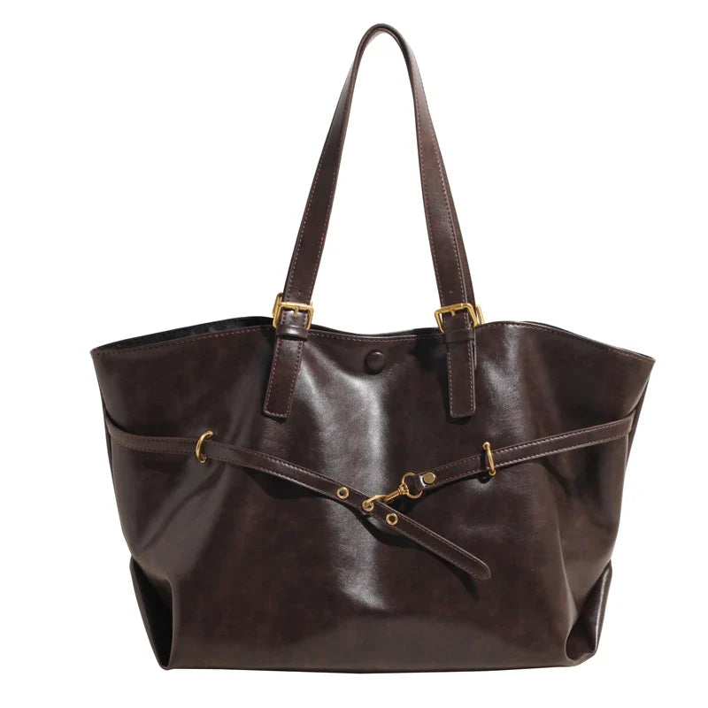 Vintage Large Capacity PU Leather Tote Bag - Coffee / 42x18x30cm