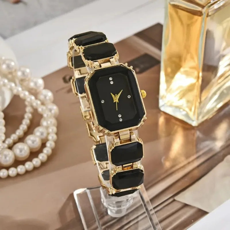 Vintage Rectangular Large Rhinestone Bracelet Watch for Women - Black