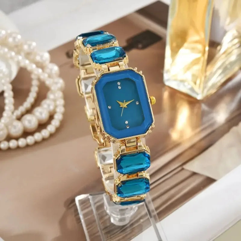 Vintage Rectangular Large Rhinestone Bracelet Watch for Women - Blue