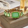 Vintage Rectangular Large Rhinestone Bracelet Watch for Women - Green