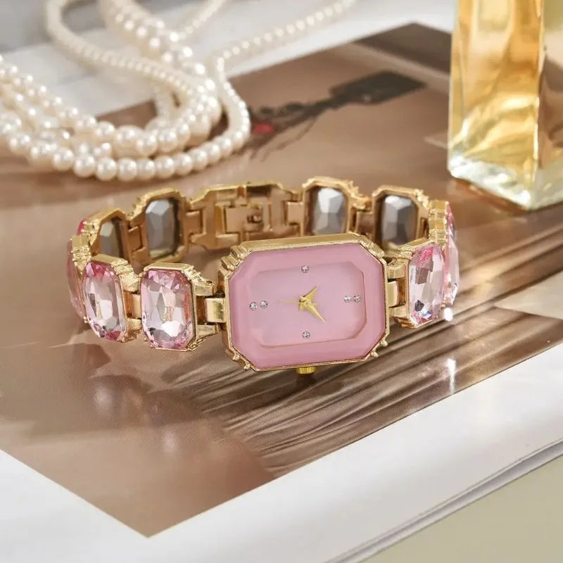 Vintage Rectangular Large Rhinestone Bracelet Watch for Women - Pink