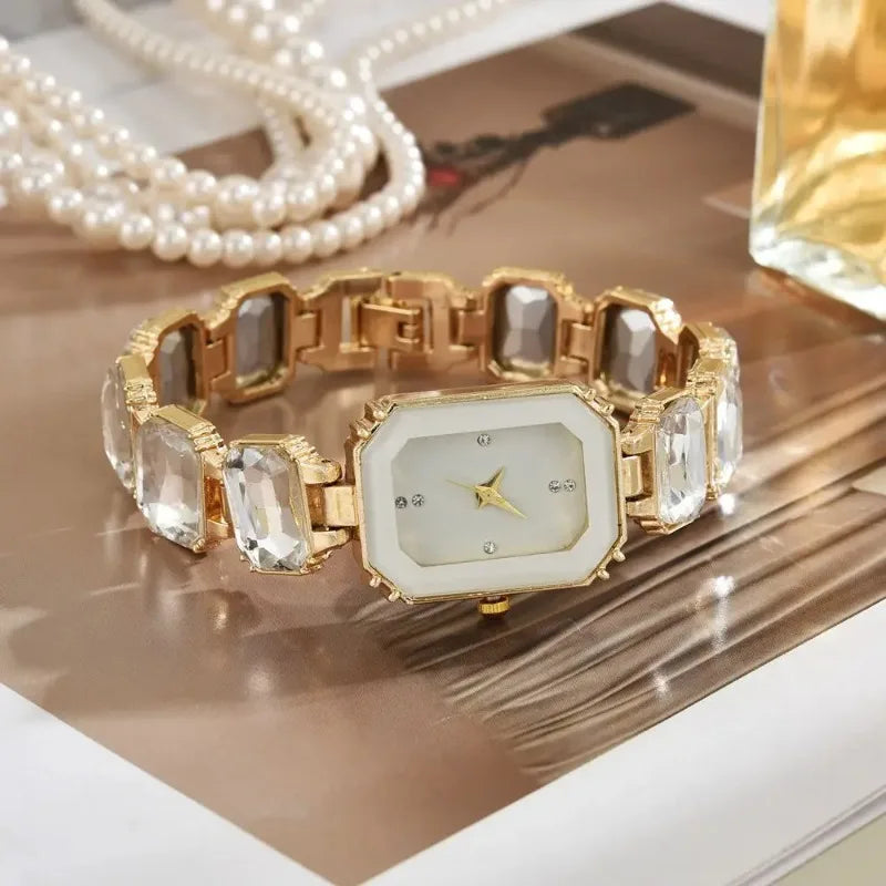 Vintage Rectangular Large Rhinestone Bracelet Watch for Women - White