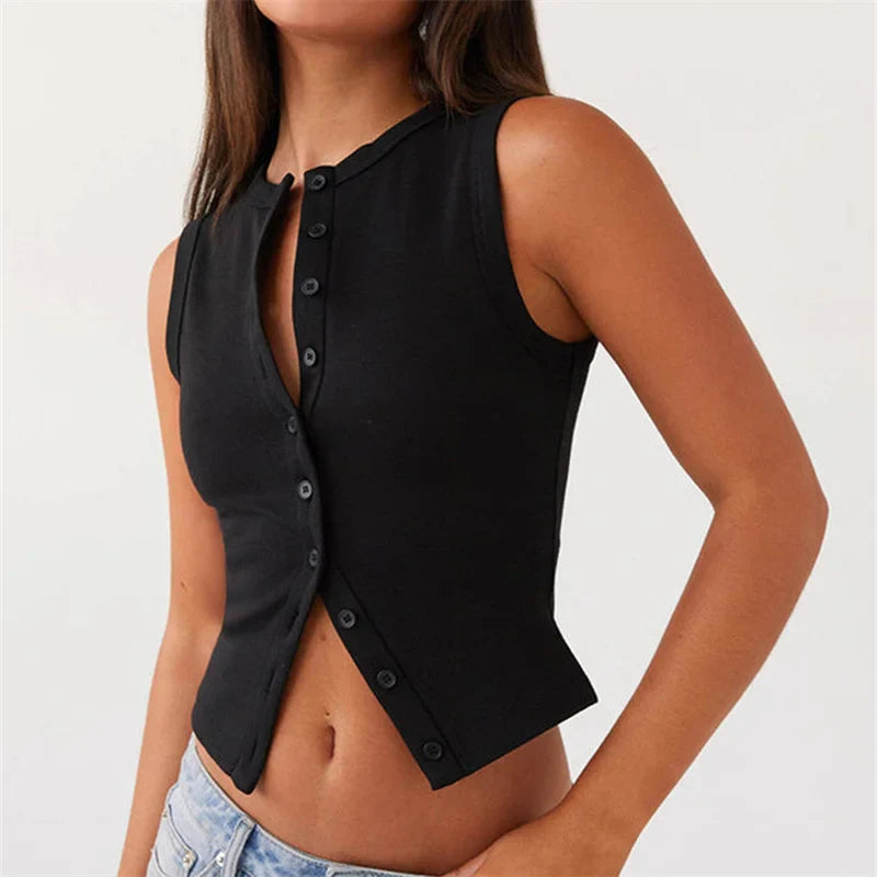 Vintage Ribbed Women Button Tank Top