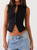 Vintage Ribbed Women Button Tank Top - black / L