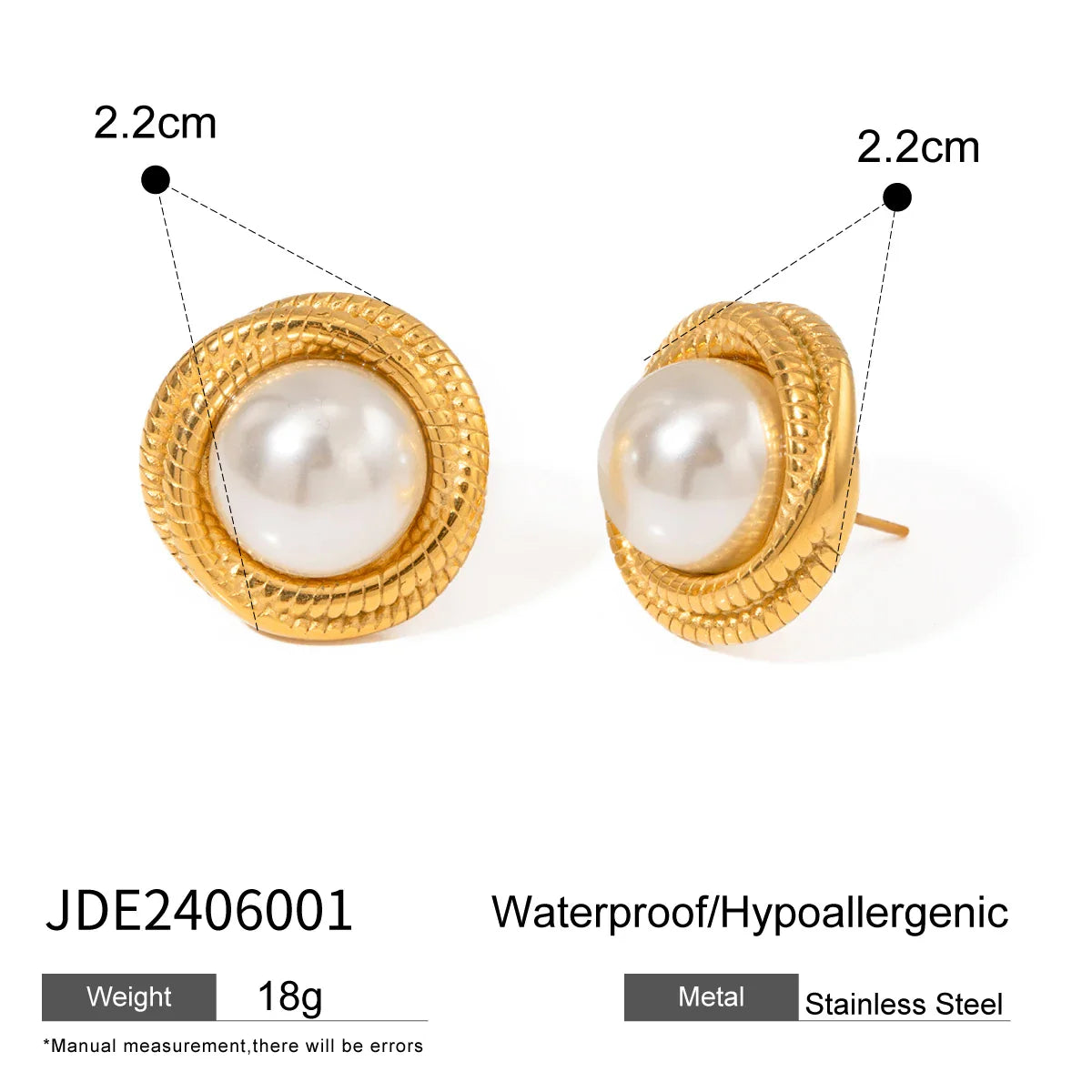 Vintage Round Stainless Steel Pearl Stud Earrings - JDE2406001