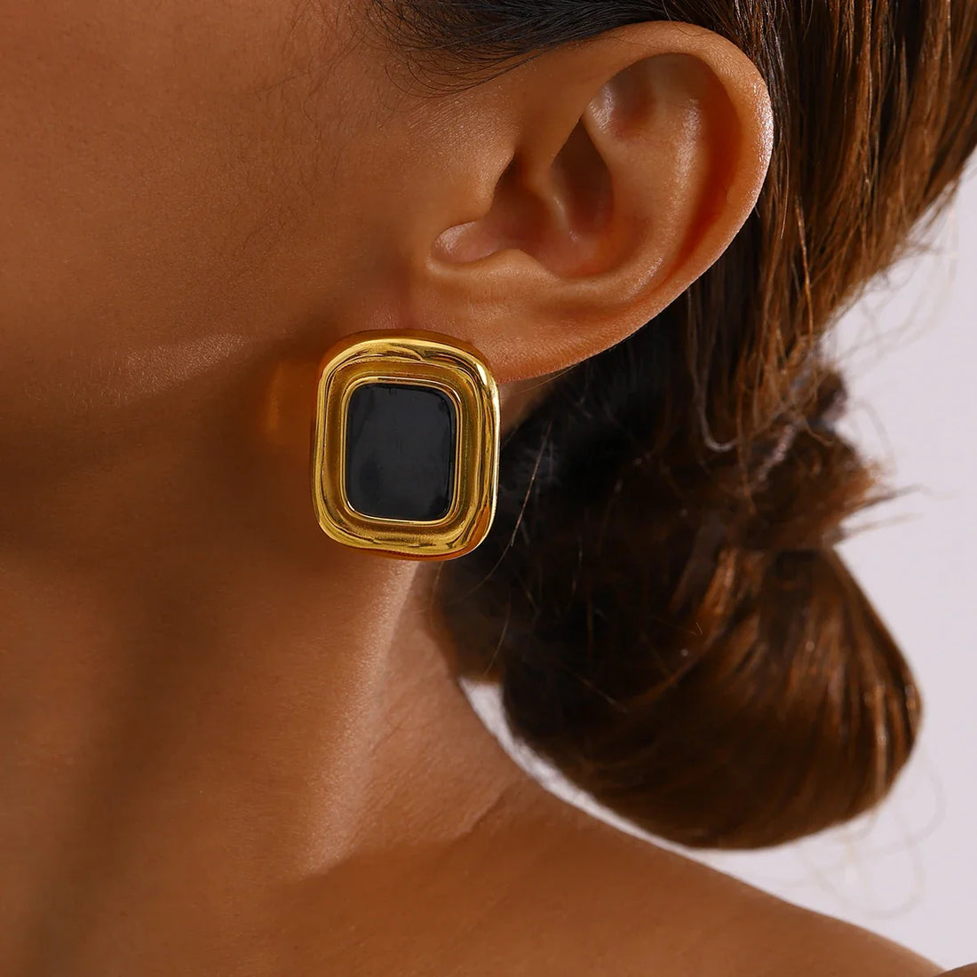 Vintage Stainless Steel Resin Square Stud Earrings - JDE2408071