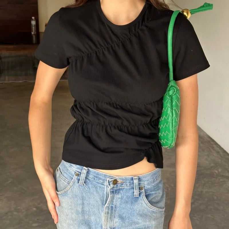 Vintage T-Shirt Women Ruched Round Neck Short Sleeve