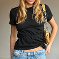 Vintage T-Shirt Women Ruched Round Neck Short Sleeve - black / M