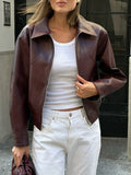 Vintage Wine Red Loose Short Leather Jacket Women