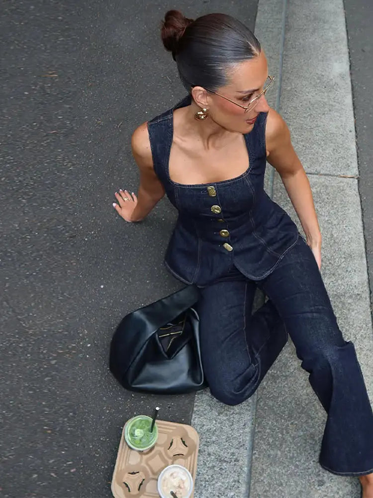 Vintage Women’s Denim Sleeveless Set Crop Top With Chic Buttons - Other