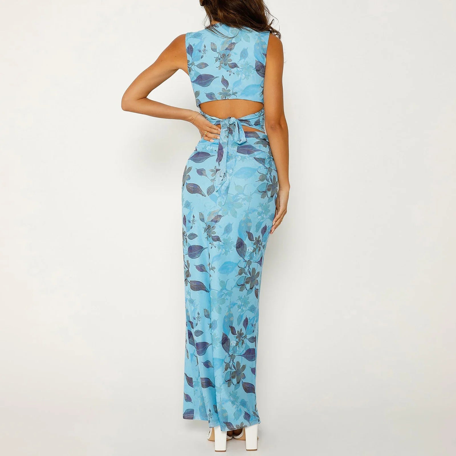 Vintage Women’s Floral Print V-Neck Slim Tank Tops + High Waist Long Skirt Set