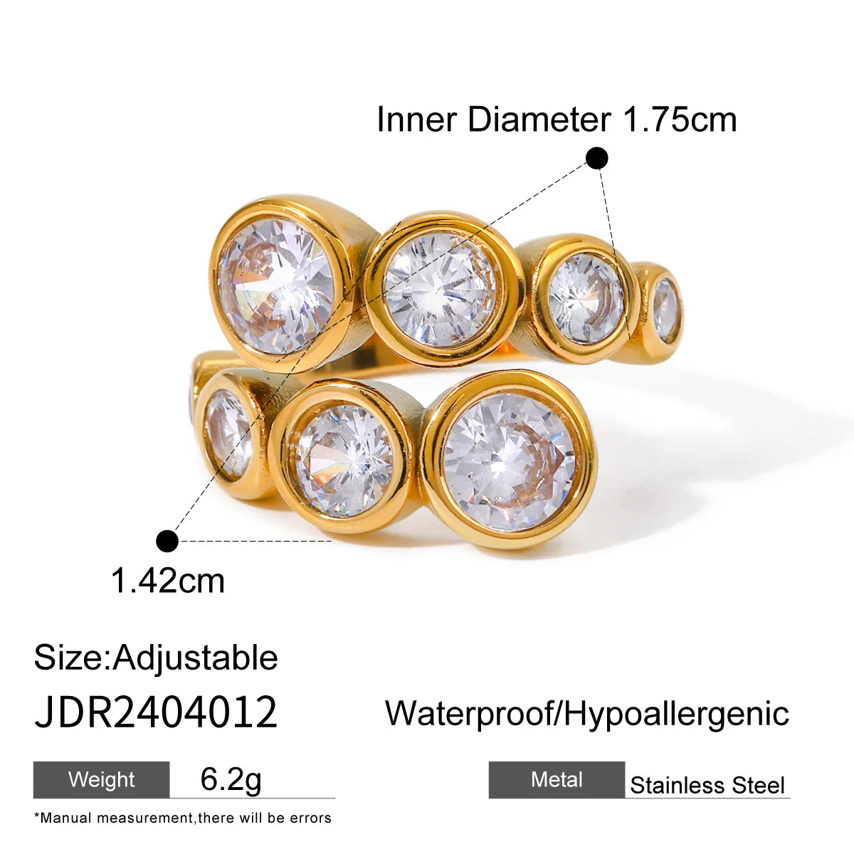 Waterproof Shiny Cubic Zirconia Exquisite Stainless Steel Chic Open Ring