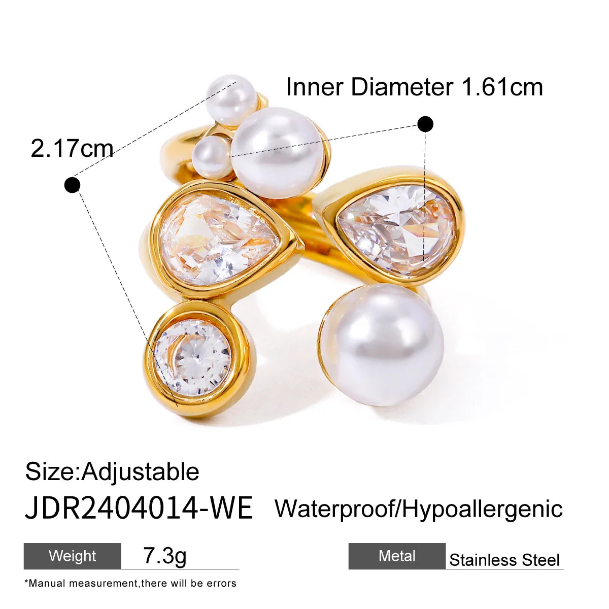 Waterproof Shiny Cubic Zirconia Exquisite Stainless Steel Chic Open Ring - JDR2404014-WE