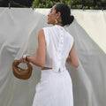 White Cotton Linen Sleeveless Stand Collar Top Slit Loose Long Skirt Two-piece Set - Other