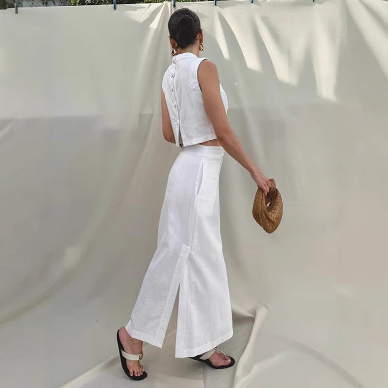 White Cotton Linen Sleeveless Stand Collar Top Slit Loose Long Skirt Two-piece Set - Other