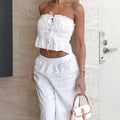 White Cotton Linen Tube Top Wide Leg Casual Pants Lace-up Suit - Other